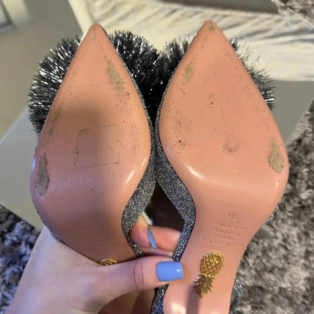AQUAZZURA SILVER POMPOM SLINGBACK SANDALS - Picture 6 of 10